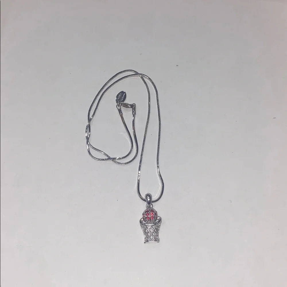 Silver color basketball necklace 9.5” with red crystals